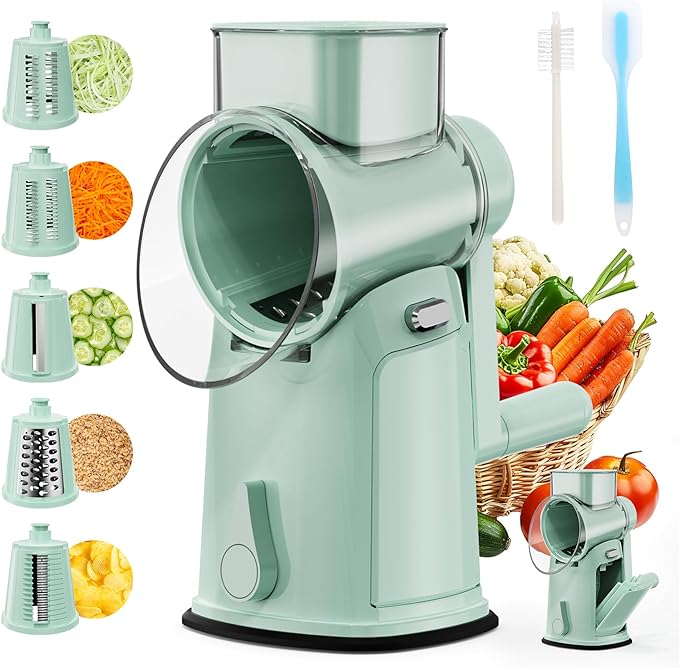 YSEPOZ 7 IN 1 Upgraded Rotary Cheese Grater with Handle – Vegetable Shredder with Built-in Storage Blade Slot, 5 Versatile Blades, Strong Suction Base Round Mandoline Slicer, Food Chopper for Kitchen