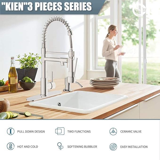 Kitchen Faucet with Soap Dispenser,Single Handle Faucet for Camper Farmhouse RV Kitchen Sink,Spring Kitchen Sink Faucets with Pull Down Sprayer and Deck Plate,Dual Function Spray Head,Brushed Nickel