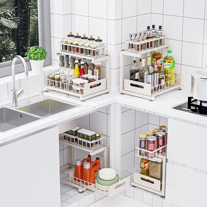 Toyear Under Sink Organizer, Heavy Duty Metal Pull Out Cabinet Organizer Slide Out Sink Shelf Organizer Height Adjustable, Multi-Purpose Storage Shelf for Kitchen Bathroom(Sand,1Pack)
