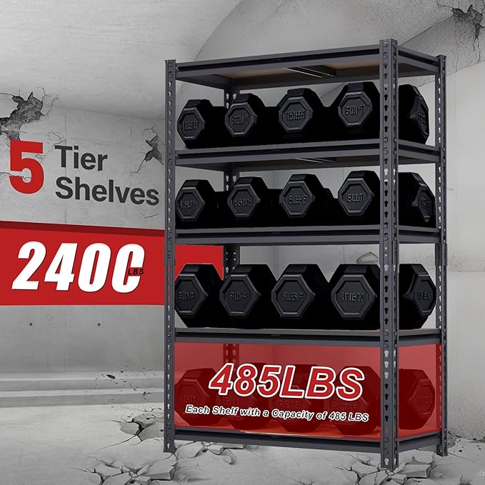 Storage Shelving Unit, 5 Tier Garage Shelves Heavy Duty, Adjustable Metal Shelving Unit,2400LBS Black for Pantry, Basement, Warehouse, Kitchen, Pantry and Closet,72''H