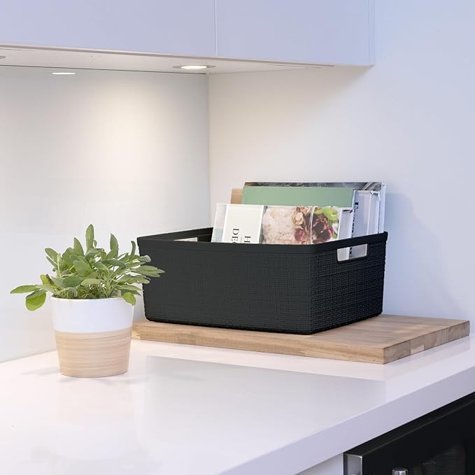 Curver Set of 6 Medium 12L Jute Decorative Plastic Organization and Storage Baskets - Perfect Bins for Home Office, Closet Shelves, Kitchen Pantry and All Bedroom Essentials, Black