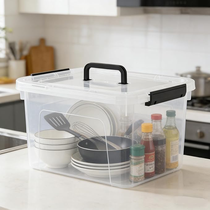 4 Packs 10 QT Plastic Storage Bins with Lids, Stackable Storage Containers for Organizing, Clear Storage Box for Garage, Closet, Kitchen