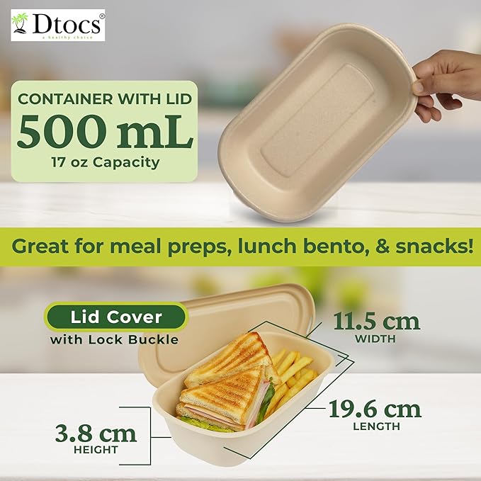 Dtocs Bamboo Fiber 500 mL Meal Prep Containers (Pack 50) | Disposable To-Go Food Containers With Lid | Microwave & Freezer Safe | Alternative to Glass Food Storage Box