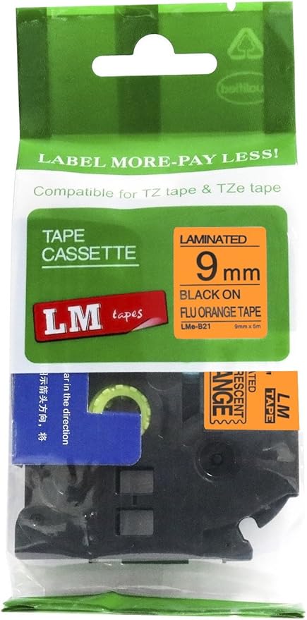 1/Pack LM Tapes - LMeB21 Premium 3/8" Black Print on Bright Orange Label Compatible with P-Touch TZe-B21 Tape and Includes Tape Color/Size Guide. Replaces TZ-B21 9mm 0.35 Laminated.
