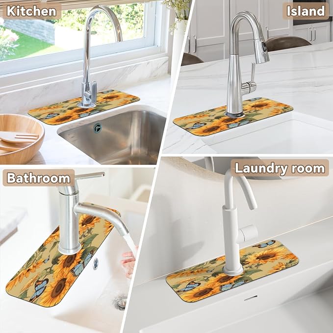 Sunflower Butterfly Pattern Kitchen Faucet Mat Splash Guard, 15.4”x5.7” Absorbent Quick Drying Sink Mat for Countertop Protection, Draining Mat Sink Protectors For Kitchen Bathroom, 2 Pack