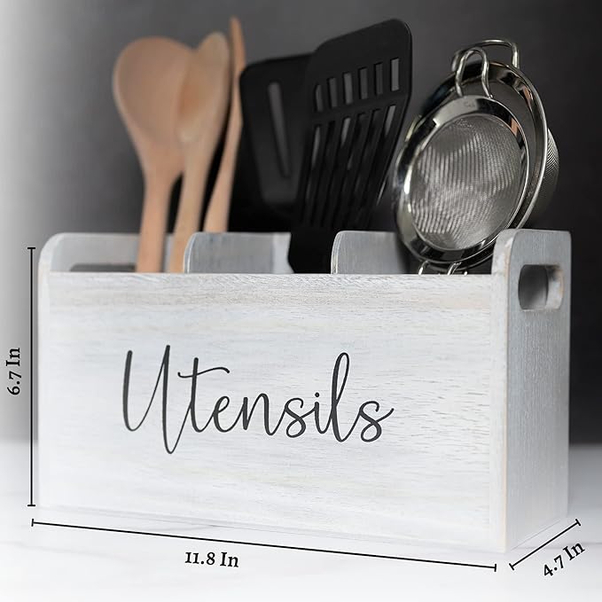White Kitchen Utensil Holder for Countertop – Large 3-Compartment Wooden Organizer & Caddy with Drain Holes, Farmhouse Utensil Holder for Kitchen Counter, Modern Rustic Storage for Spoons & Spatulas