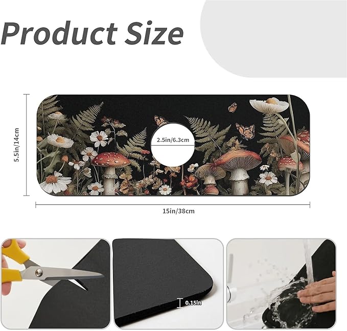 Kitchen Sink Splash Guard，Dark mushrooms and butterflies Faucet Mat Sink Gadgets-Super Absorbent Fast Drying Mat Drip Catcher for Kitchen, Bathroom,Sink Mat, Dish Drying Mat, Bathroom(15" X 5.5" )