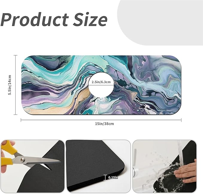 Kitchen Sink Splash Guard，Cool colors abstract marble Faucet Mat Sink Gadgets-Super Absorbent Fast Drying Mat Drip Catcher for Kitchen, Bathroom,Sink Mat, Dish Drying Mat, Bathroom(15" X 5.5" )