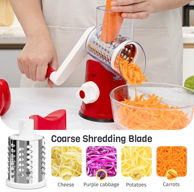 Nexsujo Rotary Cheese Grater Hand Crank, 3 Blades Slicer Shredder, Cheese Grater for Kitchen, Multi-Functional Kitchen Tool for Vegetables, Nuts, Chocolate, with Strong Suction Base, Red