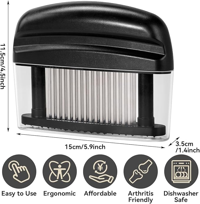 KEOUKE Meat Needle Tenderizer Black - 48 Stainless Steel Sharp Needles with Protective Cover, Compact Tenderizer for Beef, Chicken & Steak, Dishwasher Safe, Meat Mallet Alternative