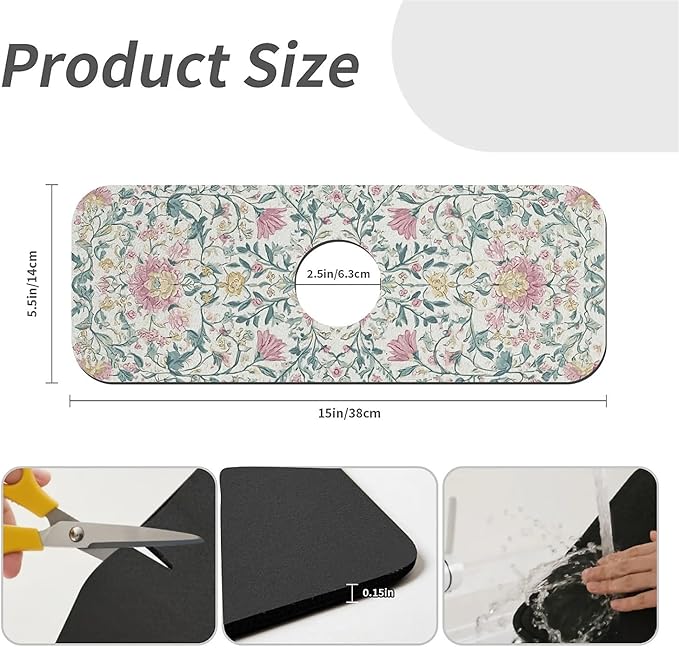 Kitchen Sink Splash Guard，Pastel floral Faucet Mat Sink Gadgets-Super Absorbent Fast Drying Mat Drip Catcher for Kitchen, Bathroom,Sink Mat, Dish Drying Mat, Bathroom(15" X 5.5" )