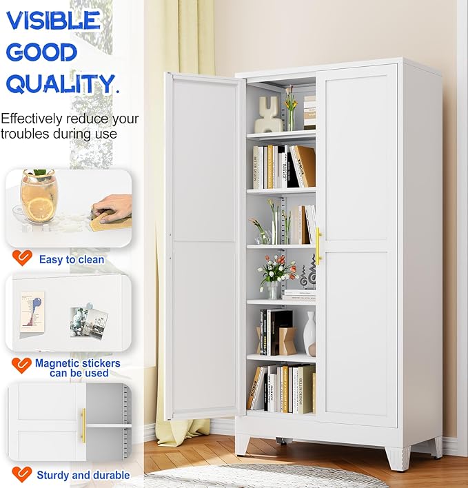 75.2" Tall Metal Storage Cabinet with 2 Doors and 5 Adjustable Shelves, New upgrade Kitchen Pantry Cabinet, White Freestanding Cupboard, 6 Tier Steel Storage for Office, Kitchen, Dining, Garage