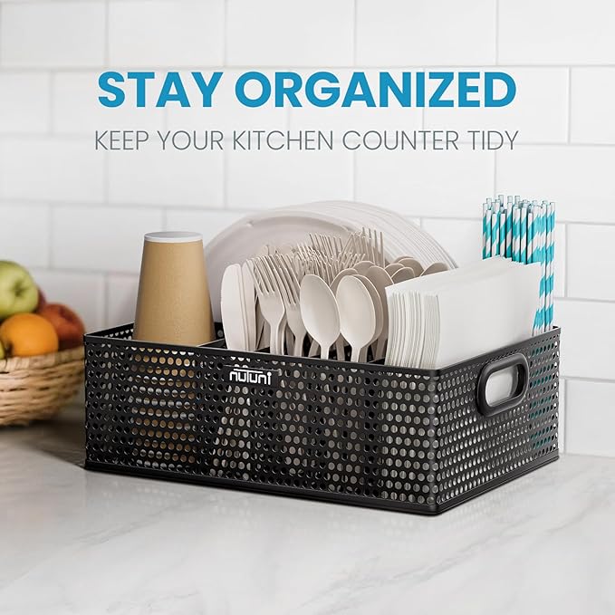 NUTUNI Paper Plate Organizer for Countertop, Perforated Metal Silverware Caddy for Plastic Spoon, Napkin, Utensils Holder with 6 Compartments for Party, Camping, Picnic