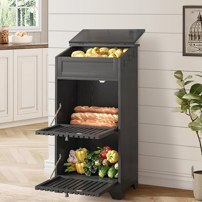 Onion and Potato Storage Bin Box, Farmhouse Fruit and Vegetable Storage, Small Food Kitchen Pantry Cabinet for Snack, Large Bread Box for Homemade Bread, Black Potato Bins