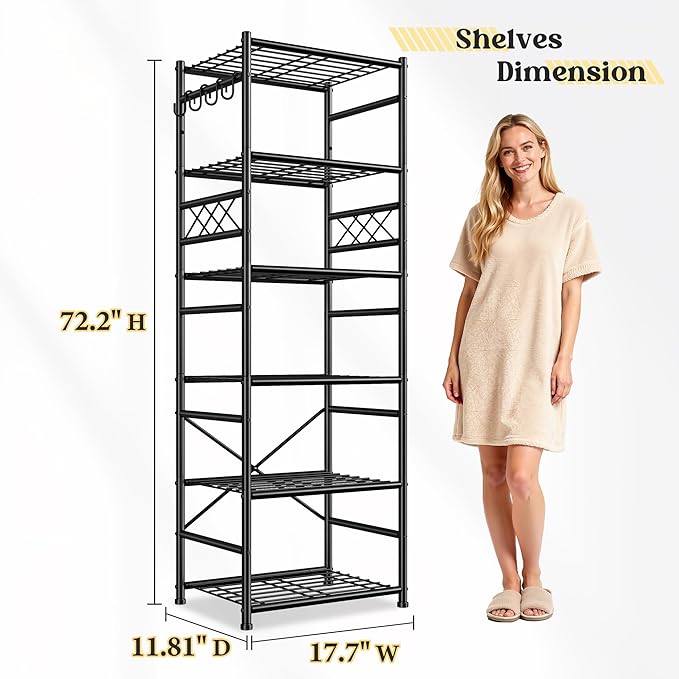 Storage Shelves-6 Tier Metal Shelving Unit with Hooks,Heavy Duty Garage Shelving with Leveling Feet,High Standing Shelf Organizer for Kitchen Pantry Bathroom Dorm,17.7”W×11.8”D ×72.2”H,Black