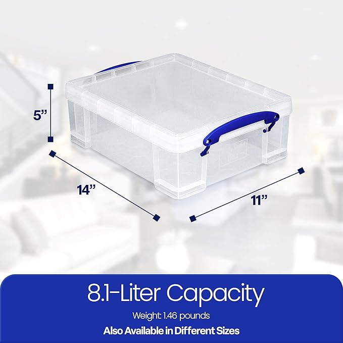 Really Useful Box 4 Pack Storage Bins, Clear Plastic Stackable Organizing Totes, 8.1 Liter