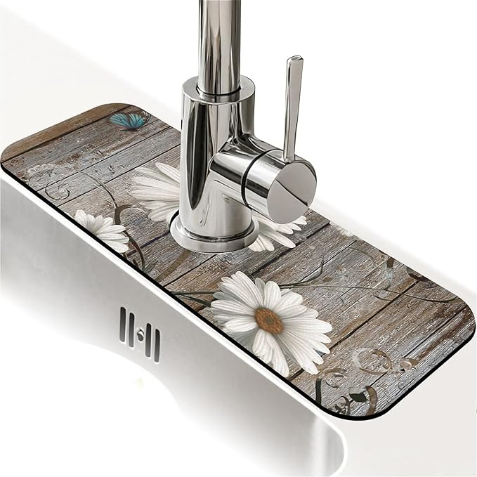 Kitchen Sink Splash Guard，Wooden,white daisies,butterflies Faucet Mat Sink Gadgets-Super Absorbent Fast Drying Mat Drip Catcher for Kitchen, Bathroom,Sink Mat, Dish Drying Mat, Bathroom(15" X 5.5" )