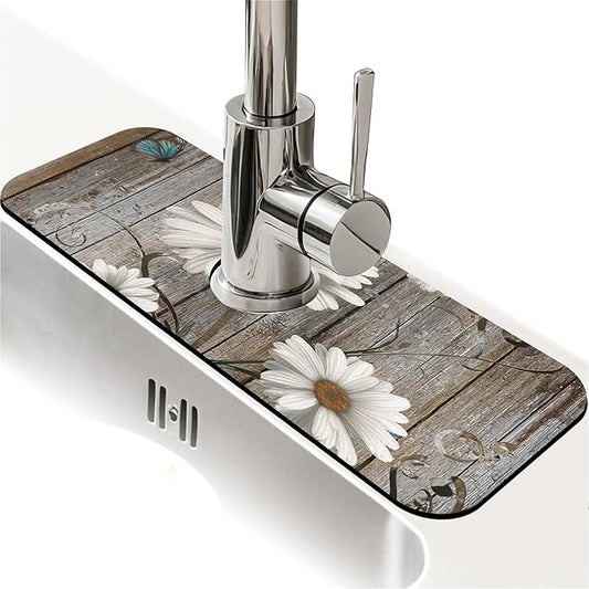Kitchen Sink Splash Guard，Wooden,white daisies,butterflies Faucet Mat Sink Gadgets-Super Absorbent Fast Drying Mat Drip Catcher for Kitchen, Bathroom,Sink Mat, Dish Drying Mat, Bathroom(15" X 5.5" )