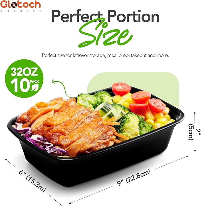 Glotoch 32oz Meal Prep Containers, 10 Pack (20-Piece) Reusable Food Prep Containers with Lids Microwave, Freezer, Dishwasher Safe Leakproof Durable Plastic Food Storage Bento Box To Go Take Out