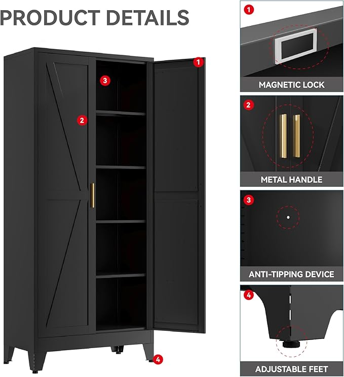 YNIQUESTLE Farmhouse Pantry Cabinet with Barn Doors, 71" H x 31.5" W, 5-Tier Metal Storage Cabinet with 4 Adjustable Shelves for Kitchen Garage Dining Room, Black