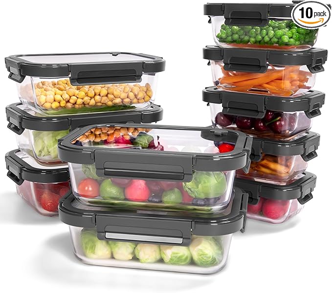 BOROHOUSE 10-Pack Glass Food Storage Containers with Tempered Lids – Borosilicate, Airtight, Oven-Safe (-4°F~950°F), BPA-Free, 4.4 & 1.6 Cup, Leak-Proof, Dishwasher Safe (Gray)