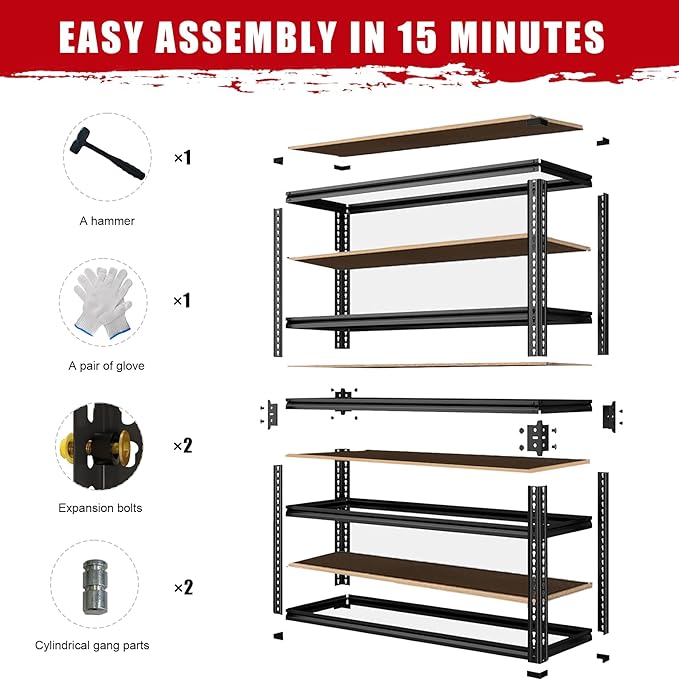 Storage Shelving Unit, 5 Tier Garage Shelves Heavy Duty, Adjustable Metal Shelving Unit,2400LBS Black for Pantry, Basement, Warehouse, Kitchen, Pantry and Closet,72''H