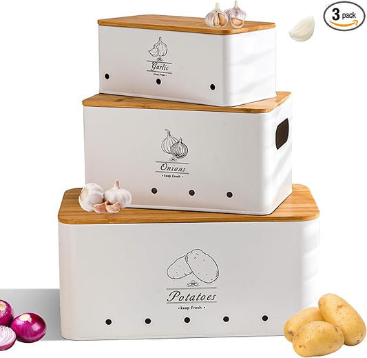Potato Onion and Garlic Storage Bin Set of 3, White Metal Kitchen Vegetable Canisters with Bamboo Lid and Aerating Holes, Stackable Kitchen Storage Tin for Countertop Pantry