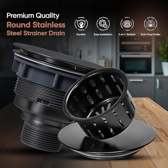 Strictly Sinks Sink Drain Strainer with Removable Basket - 3-1/2 Inch Stainless Steel Round Kitchen Sink Drain Assembly Kit with Deep Strainer Basket & Flat Cover Lid (Black)