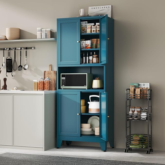 YAUWOH Metal Pantry Storage Cabinet, 69" Tall Storoge Cabinet with 4 Doors & 3 Adjustable Shelves, Microwave Stand with Storage for Kitchen, Dining Room, Living Room (1PC,Blue)