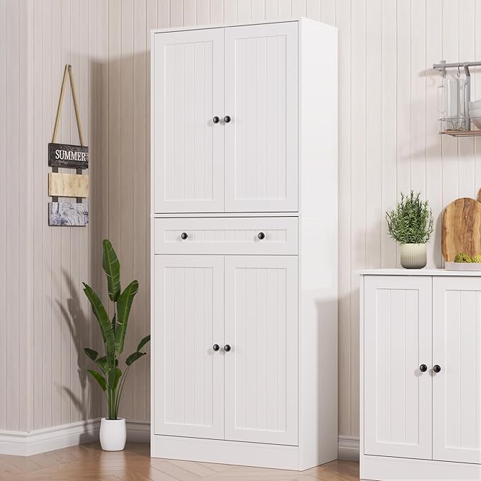 Furnify Kitchen Pantry Storage Cabinet, 71" H Farmhouse Pantry Cabinet with 4 Doors & Drawer, Freestanding Cupboard with Adjustable Shelves, Rustic Wood Cupboard for Kitchen, Dining Room, White