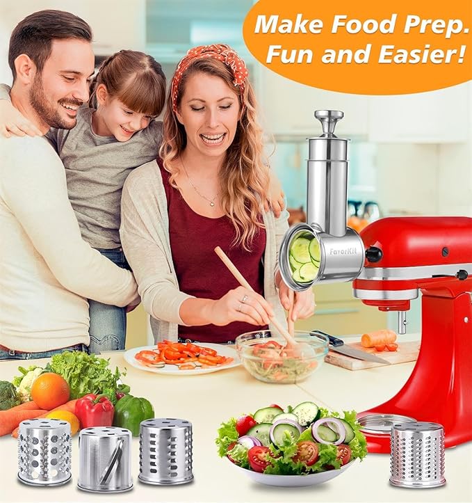 FavorKit Stainless Steel Salad Maker Attachment for KitchenAid Mixers, Large Slicer Shredder & Cheese Grater Accessories with 4 Blades,Dishwasher Safe