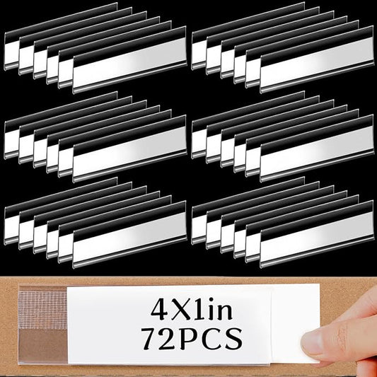 72 Pieces Clear Plastic Adhesive Shelf Tag & Price Label Holders for Supermarket, School, Library, Mailbox & Storage Bins(4 x 1 Inch)