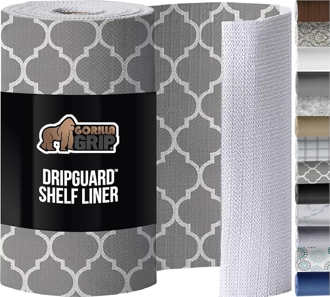 GORILLA GRIP Slip Resistant Drawer and Shelf Liner 2 Pack, Non Adhesive Water Resistant, Easy Clean and Trim, Smooth Surface Liners for Kitchen Cabinet Shelves Drawers Pantry 12 IN x 20 FT, White Gray