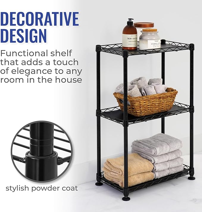 SafeRacks - NSF Certified Storage Shelves, Zinc, Heavy Duty Steel Wire Unit with Adjustable Feet, Garage or Bakers Rack, Kitchen, Pantry Shelf - (18"x10"x30" 3-Tier) (Black)