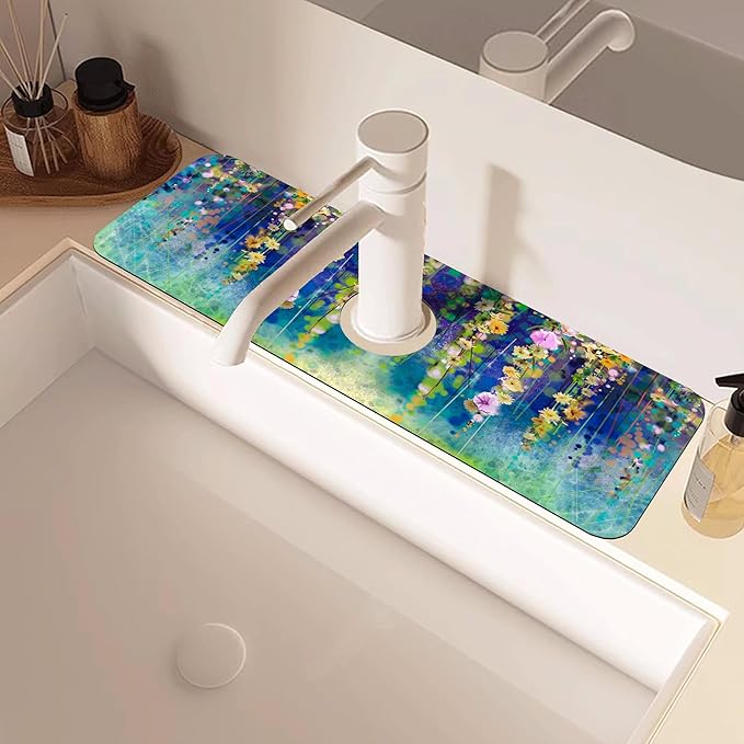 Abstract Watercolor Floral Kitchen Sink Splash Guard Mat Absorbent Fast Drying Mat Faucet Draining Mat Sink Splash Guard Behind Faucet Drip Catcher for Kitchen Bathroom 5.5"×15"