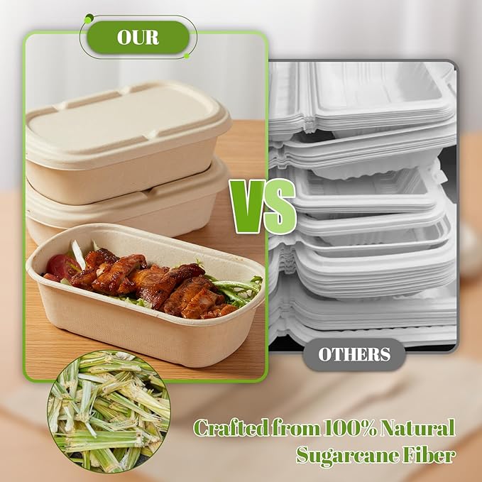 HorizonNest [100% Eco-Friendly] Disposable Food Containers with Lids – Sugarcane Pulp Take Out Boxes, Biodegradable, Compostable, Microwave Safe Lunch Containers – Pack of 50 (24 OZ)