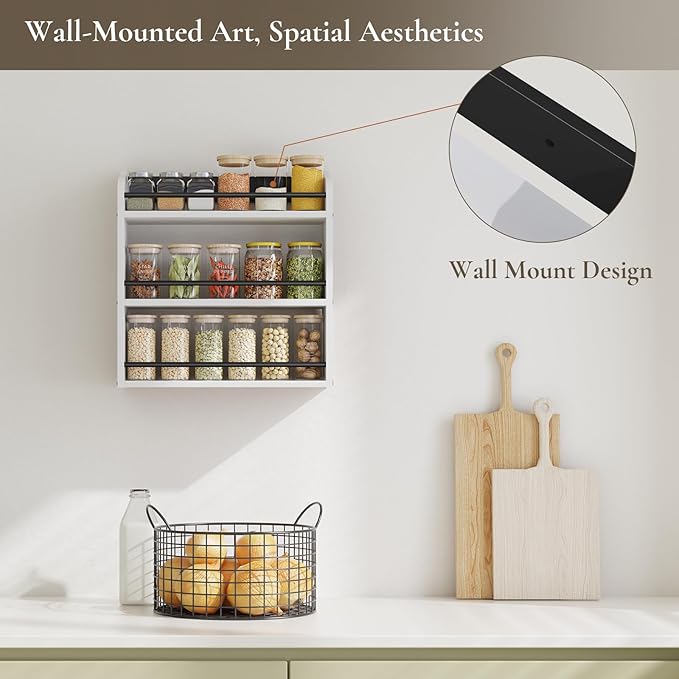 BCOZLUX 3 Tier Wooden Spice Rack, Seasoning Jars Rack Shelf Spice Organizer for Countertop or Wall Mount, Vertical Spice Holder for Kitchen Counter, Cabinet, Pantry, White