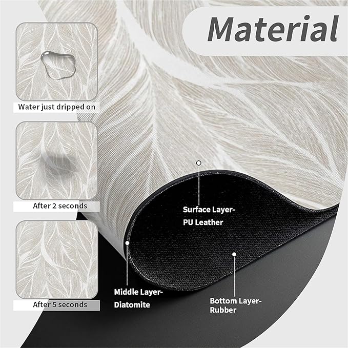 Kitchen Sink Splash Guard，White and beige leaf Faucet Mat Sink Gadgets-Super Absorbent Fast Drying Mat Drip Catcher for Kitchen, Bathroom,Sink Mat, Dish Drying Mat, Bathroom(15" X 5.5" )