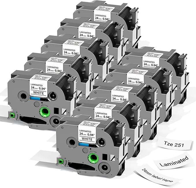 Label KINGDOM Compatible with Brother P Touch 24mm 0.94” TZe-251 TZ Tape, for PT-D610BT D600 700 P710BT PTP750W, 1” Laminated White Label Maker Tape Tze251, 10-Pack