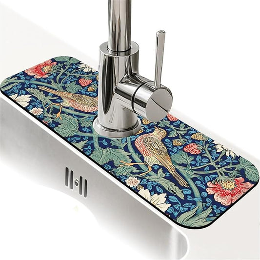Kitchen Sink Splash Guard，strawberries and birds Faucet Mat Sink Gadgets-Super Absorbent Fast Drying Mat Drip Catcher for Kitchen, Bathroom,Sink Mat, Dish Drying Mat, Bathroom(15" X 5.5" )