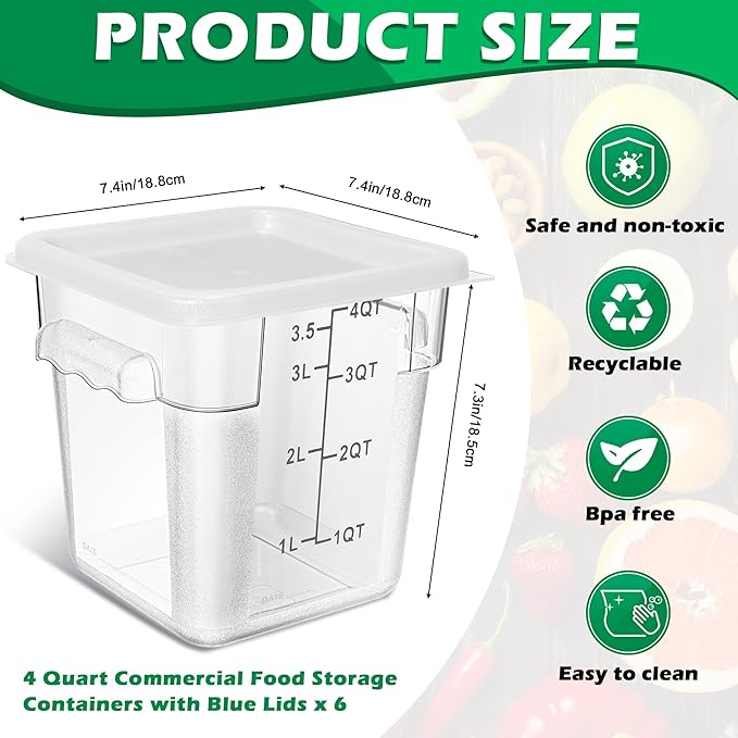 Yungyan 6 Pcs Commercial Clear Food Storage Containers 4 Qt Square Acrylic Airtight Food Storage Containers with Lids for Kitchen Restaurant Pantry Freezer Flour Sugar (White)