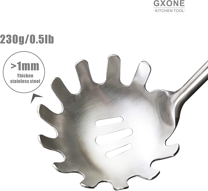 GXONE Spaghetti Spoon,304 Stainless Steel Pasta Spoon with Heat Resistant Wooden Handle,Silver/14.2Inch