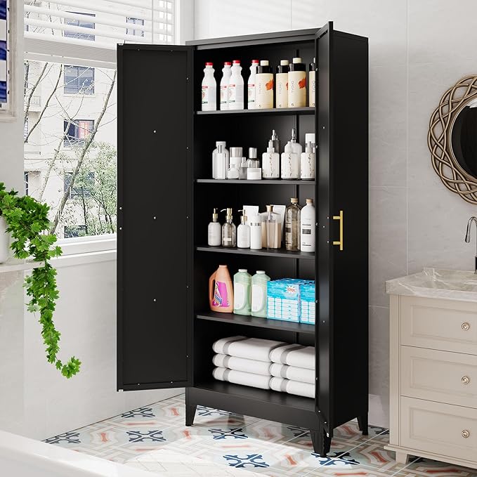 71" Tall Kitchen Pantry Cabinet, Metal Storage Cabinet with 2 Doors and 4 Adjustable Shelves, Black Food Pantry Cupboard for Kitchen, Dining Room, Living Room and Bathroom (Black)