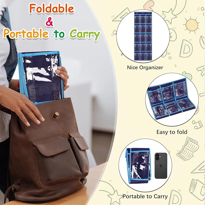 2 Pack Classroom Headphone Storage Organizer with 30 Pockets, PVC Clear Classroom Pocket Chart for Headphone Cell Phone Over-the-Door Hanging Headphone Holder Bag with 62 Labels(Blue)