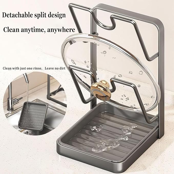 POCONT Kitchen Pot Lid Storage Rack, Carbon Steel Pot Lid Holder with Spoon Rest While Cooking, Multifunctional Kitchen Organizer Stand for Counter Top with Removable Drip Tray