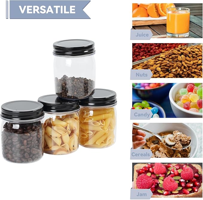 novelinks 8 oz Clear Plastic Jars with Airtight Lids, 48 Pack Plastic Mason Jars with Lids 8oz, Refillable Storage Slime Containers & Small Spice Jar for Kitchen Organization (48 Pack,Black)