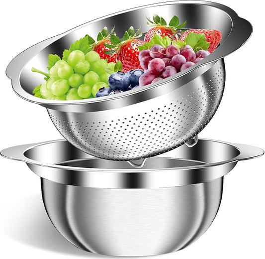 Colander, Strainer Bowl, Stainless Steel Colander, Rice Washing Bowl, Pasta Strainer & Vegetable Washer, Kitchen Strainer with Mixing Bowl for Draining, Food Prep, Dishwasher Safe, 4QT
