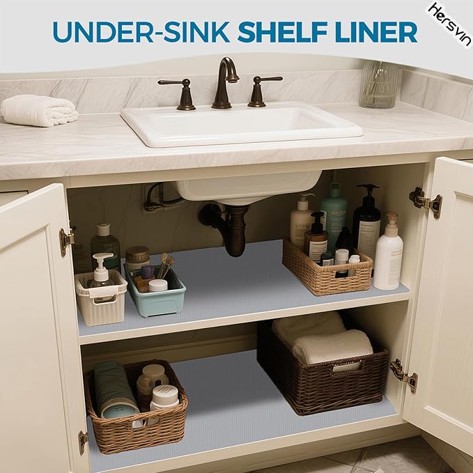 Hersvin Shelf Liners, 12in x 20ft Kitchen Drawer Mats, Non-Adhesive EVA Cupboard Protector, Cabinet Lining (Light Gray/Dot)