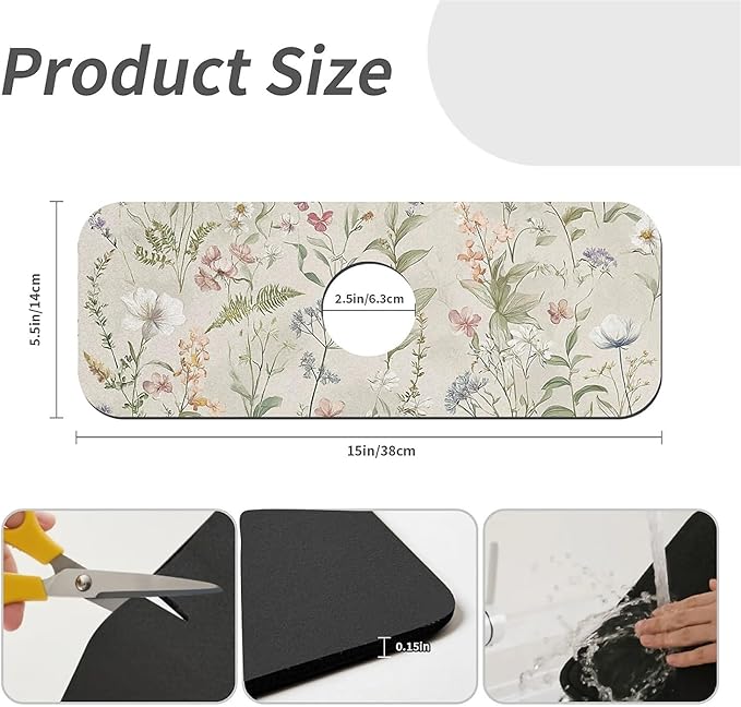 Kitchen Sink Splash Guard，wildflowers and foliage Faucet Mat Sink Gadgets-Super Absorbent Fast Drying Mat Drip Catcher for Kitchen, Bathroom,Sink Mat, Dish Drying Mat, Bathroom(15" X 5.5" )