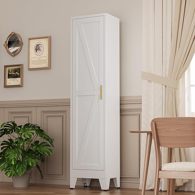 YAUWOH Narrow Metal Cabinet with 4 Adjustable Shelves and Barn Doors,Tall Bathroom Storage Cabinet, Metal Pantry Organizer for Kitchen,Home Office, Dining Room,White